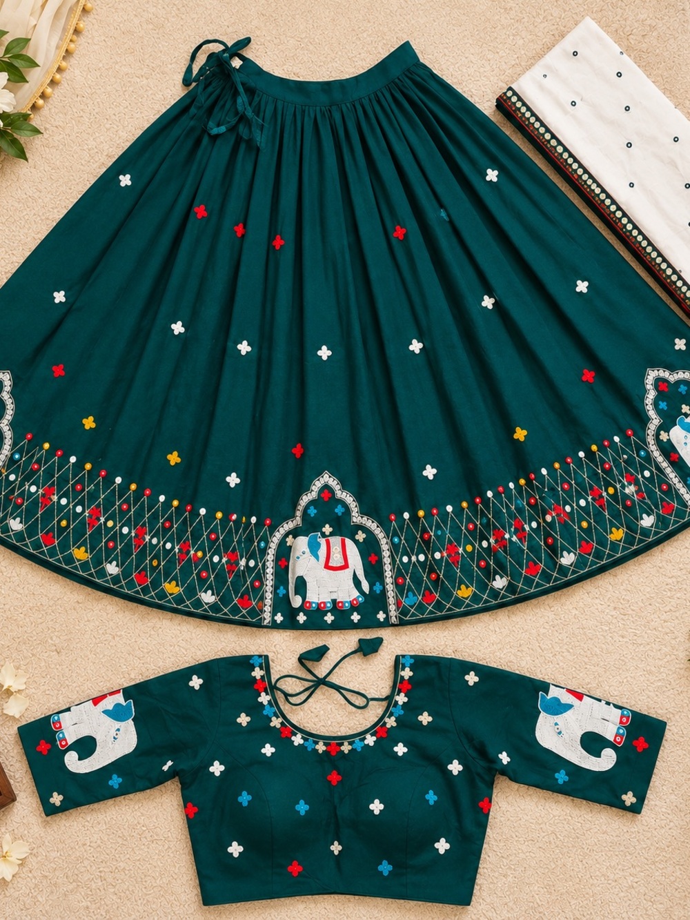 Embroidered Teal chaniyacholi /Lehenga Skirt & Blouse Set with Elephant Motif